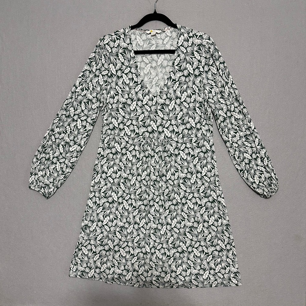 Boden Green White Palm Leaf Print V-Neck Jersey Dress Long Sleeve US 14R UK 18R
